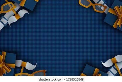 Father's Day background for holiday banner greeting design, poster, flyer. Blue background, golden mustache, bow tie, suspenders, glasses. Empty space for text, paper cutout style, vector illustration
