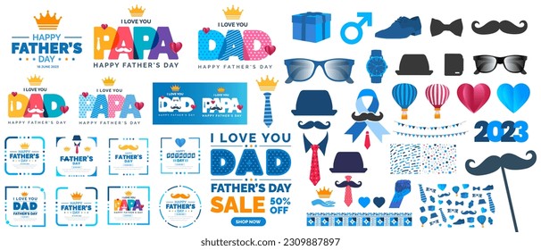 Father's Day background, poster or banner set with necktie, glasses, hat, and gift box. happy Father's day stylish typography design bundle. father day element vector and social media banner set. 