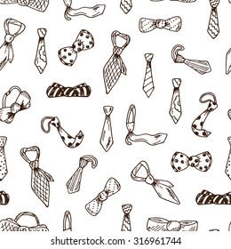 Father's Day background. Seamless pattern Men's Accessories. Hand drawn doodles Neck ties and Bow Ties. 