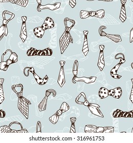 Father's Day background. Seamless pattern Men's Accessories. Hand drawn doodles Neck ties and Bow Ties. 