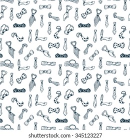 Father's Day background. Seamless pattern Men's Accessories. Hand drawn doodles Neck ties and Bow Ties.