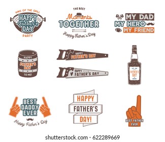 Fathers day badges, labels collection. Holiday stickers for t shirts and other identity. Retro color design. Vintage logotypes and insignias. Vector isolated on white background.