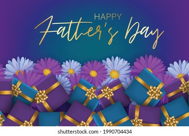 Fathers Day banner background. Blue and purple presents with golden bow and flowers. Realistic vector illustration.