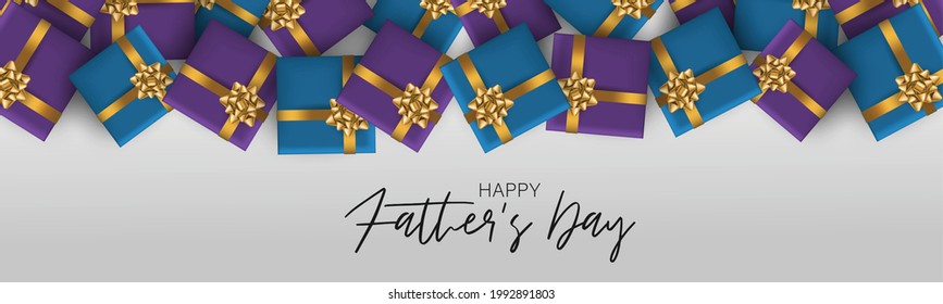 Fathers Day banner background. Blue and purple presents with golden bow. Realistic vector illustration.