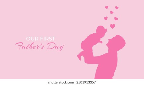 Anuncio del Día del Padre para el Mejor Papá de la Historia. El Primer Día De Nuestros Padres. Tarjeta de felicitación feliz del día de los padres. Silueta de hombre y bebé sobre fondo rosa. Ilustración vectorial