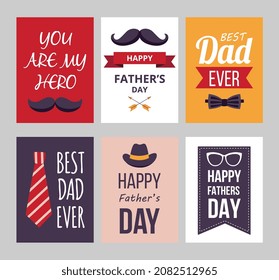 Fathers day banner and card collection with ties and mustache flat vector illustration. Poster or banner, postcard templates with wishes for Fathers holiday.