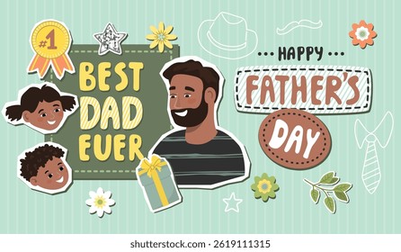 Father's Day banner with collage elements and doodle. Happy dad with children, gift, flowers, medal and hand lettering. Cartoon background in blue,green,yellow and brown colors. Vector designs set.