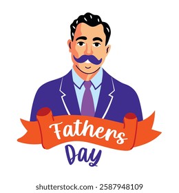Fathers day banner with dad portrait, flat sticker