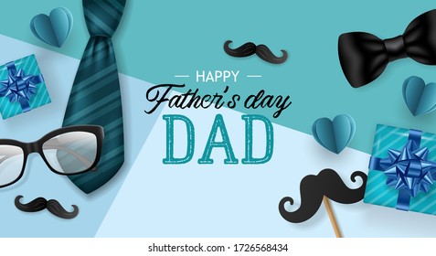 Fathers day banner design with gift box, mustache and necktie. Flat lay style. Vector illustration