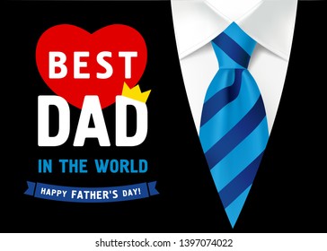 Father`s day banner design with lettering Best Dad in the world. Greeting card concept with striped tie and dark men's suit of rhombus shape on background for fathers day. Vector illustration