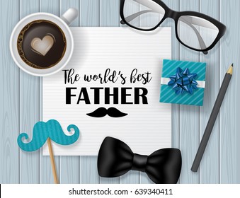 Diseño de banner del día del padre con letras, taza de café y nota de papel. Estilo de capa plana