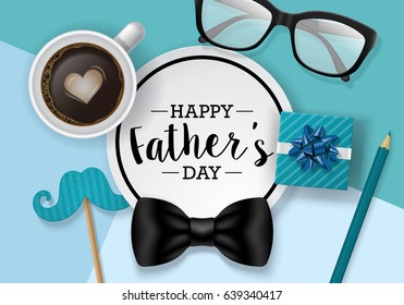 Fathers day banner design with lettering, coffee cup and paper note. Flat lay style