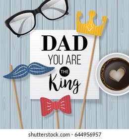 Fathers day banner design with lettering, coffee cup and paper note. Flat lay style