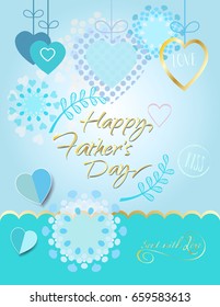 Fathers day banner design with lettering, Abstract background, blue color. Summer Holiday decoration, frames, paper texture. Flat design template.