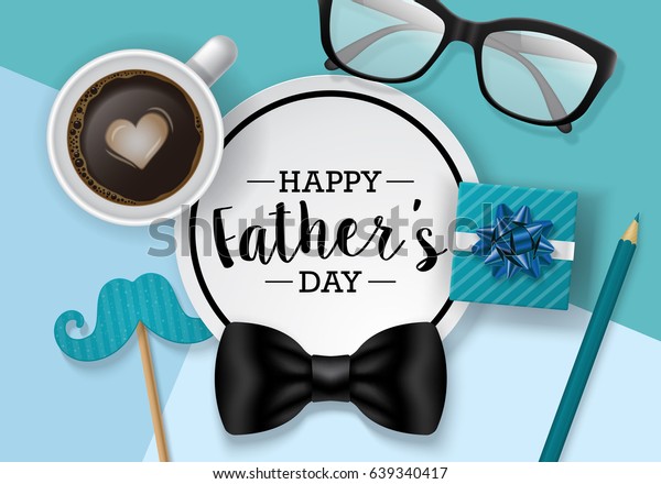 Fathers day banner design with lettering,\
coffee cup and paper note. Flat lay\
style