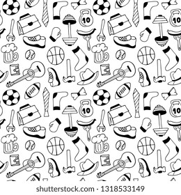 Father's Day banner in doodle style. Men's lifestyle, sports equipment, clothes and accessories seamless pattern.