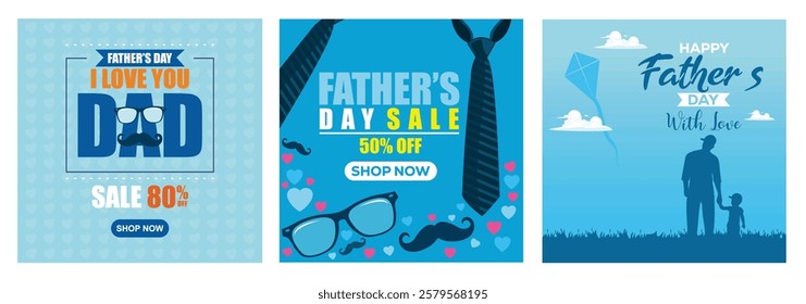 Father's Day banner featuring discounts, sales, father-son silhouette. A festive theme honoring fathers. Father's Day concept. Set flat vector illustration.