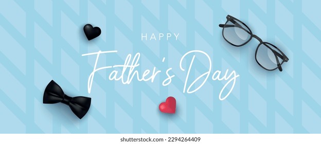 Father's Day banner with glasses, bot tie, hearts and white calligraphic lettering. Vector illustration for background, poster, template, sale, promo, discount, website social media, flyer, brochure