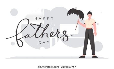 Father's day banner. The guy is holding his mustache on a stick. Trendy cartoon style. Vector illustration.