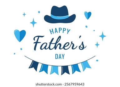 Father's Day banner with hat, flags, hearts, stars, confetti. Father's Day holiday illustration for greeting card, poster, flyer, social media. Vector illustration on white background