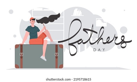 Father's day banner. A man holds a mustache on a stick. Cartoon style. Vector.