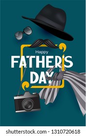 Father's Day banner with man's objects and quote frame. Vector illustration