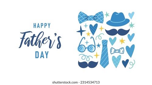 Father's Day banner with necktie, mustache, hat, tie, glasses on white background. Father's Day cartoon holiday illustration for card, template, poster, flyer, social media.