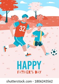 Fathers day banner or poster with dad and son playing football together, cartoon flat vector illustration. Fathers Day greeting card background template.