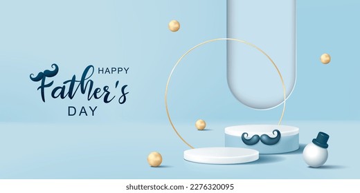 Father's day banner for product demonstration. White pedestal or podium with mustache on blue background.