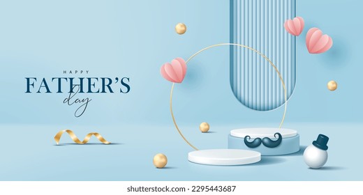 Father's day banner for product demonstration. White pedestal or podium with mustache, pearls and flying hearts on blue background.