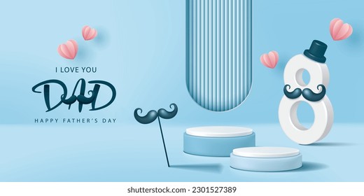 Father's day banner for product demonstration. Blue pedestal or podium with mustache and flying hearts on blue background.