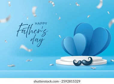 Father's day banner for product display. White platform with hearts on blue background.