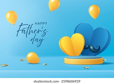 Father's day banner for product display. Yellow platform with hearts and balloons on blue background.