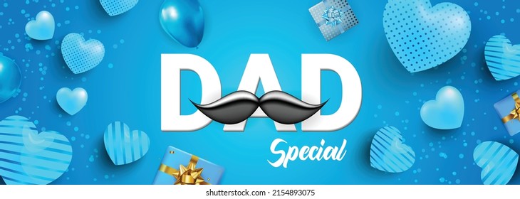 Father's day banner with sweet hearts on Blue background.Promotion and shopping template or background for Love and Father's day concept.Vector illustration eps 10