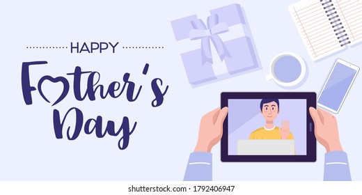Father's day banner. Top view of a man having video conference on tablet with his son at home. Vector