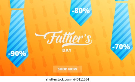 Fathers Day banner. Trendy typography and striped tie. Layout for sale, discount, etc.