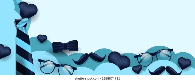 father's day banner vector design with necktie, mustache, glasses and heart shapes. vector illustration