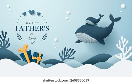 Father's day banner with whales against a blue background.