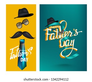 Father's Day banners with levitating objects and letterings. Vector illustration
