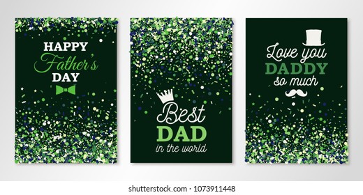 Fathers Day banners set with green confetti and logo on dark background. Vector flyer design templates for invitation cards, brochure design, certificates. All layered and isolated