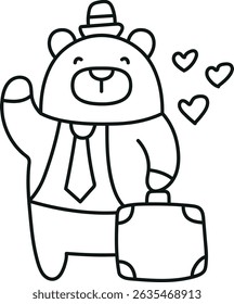 Fathers Day Bear concept. Cheerful bear in a suit with a suitcase and hearts. in thin line style