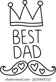 Fathers Day Bear concept. Crown design with "Best Dad" and decorative mustache illustration. in thin line style