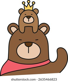 Fathers Day Bear concept. Cute bears with a crown and cape, one atop the other. in color line style