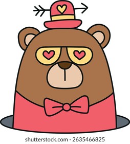 Fathers Day Bear concept. Cute cartoon bear wearing a hat and heart-shaped glasses. in color line style