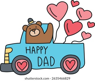 Fathers Day Bear concept. Cute bear in a truck with hearts celebrating Father's Day. in color line style