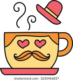 Fathers Day Bear concept. Cute cartoon coffee cup with hearts and a hat, giving a whimsical vibe. in color line style