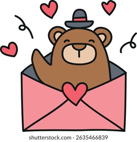 Fathers Day Bear concept. Cute bear in a hat peeking out of a love letter envelope. in color line style