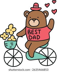Fathers Day Bear concept. Cute bear on a bike with flowers, celebrating Father's Day. in color line style