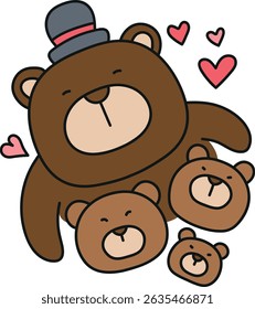 Fathers Day Bear concept. Cute cartoon bears with hearts and a hat bonding together. in color line style