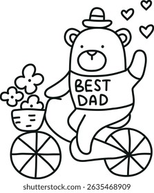Fathers Day Bear concept. Cute bear on a bike with flowers, celebrating Father's Day. in thin line style